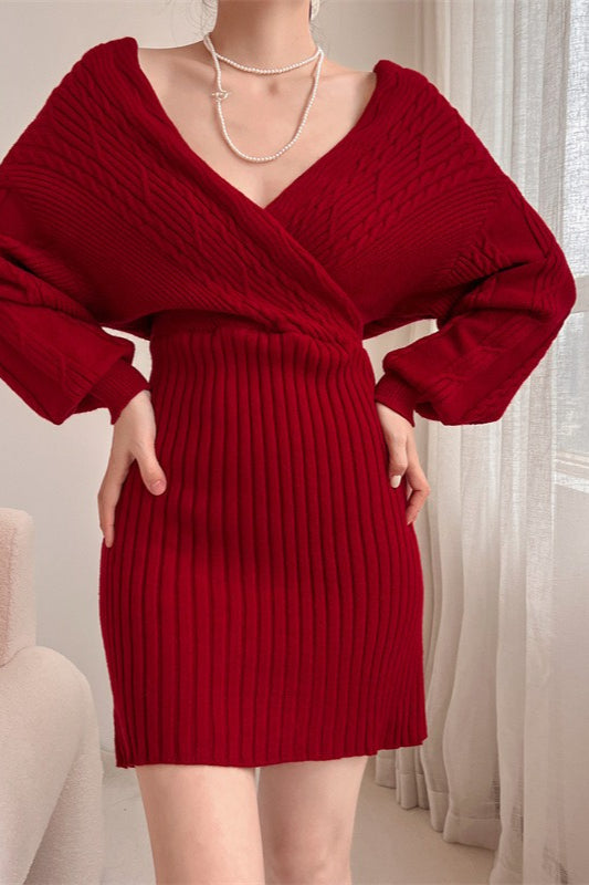 Sexy V Neck Cross Collar Off Shoulder Cable Ribbed Bodycon Sweater Dress