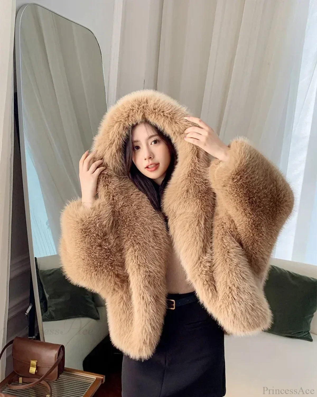 Eco-Friendly ImiTation Fox Hooded Coat yellowish-brown / XS