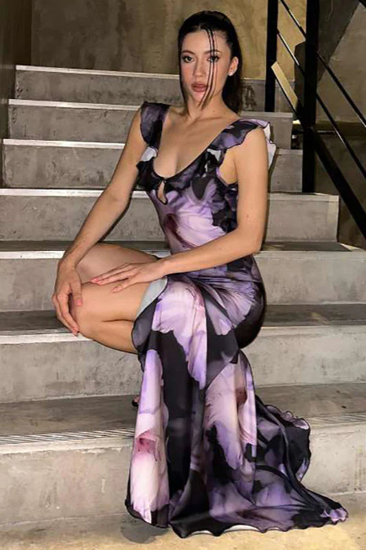 Robe longue dos nu à volants et col en U