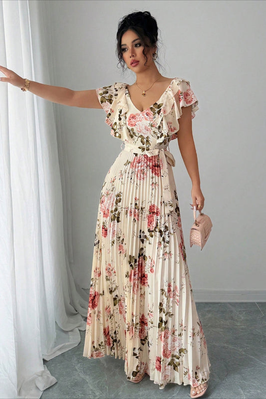 Floral Print Ruffle Sleeve V Neck Pleated Elegant Maxi Dress