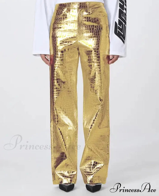 Silver PU Leather Scale High Waist Straight Pants