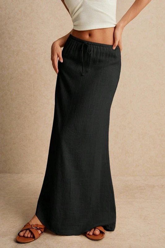 Solid Drawstring Maxi Skirt