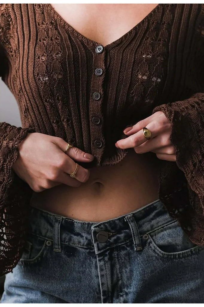 Hollow Out Knit V Neck Long Sleeve Cardigan