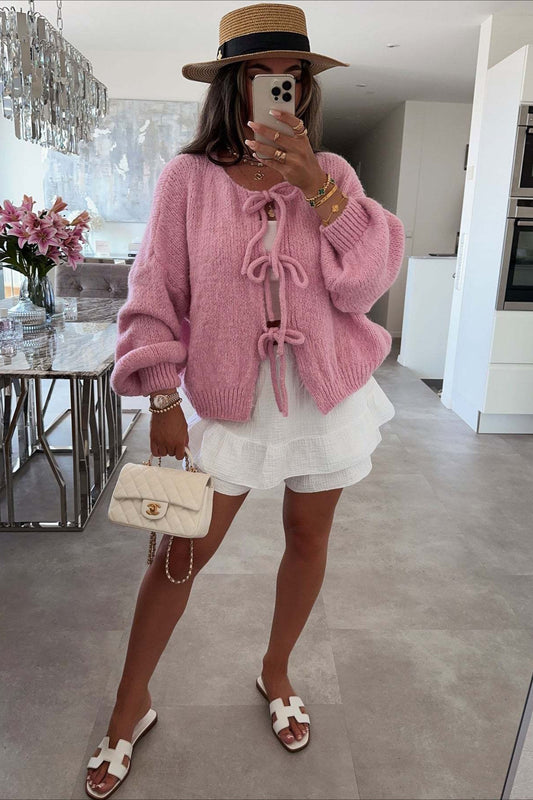 Bow Tie Front Crew Neck Knit Casual Cardigan