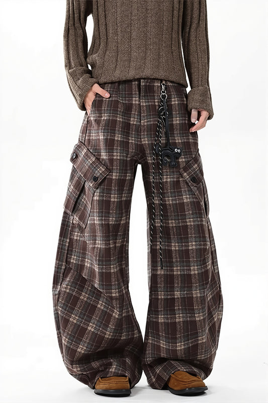 Plaid Multi Pocket Wide Leg Cargo Pants