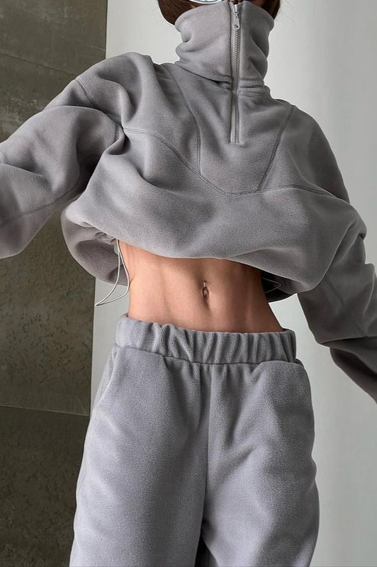 Stand Collar Polar Fleece Short Drawcord Sweatshirt