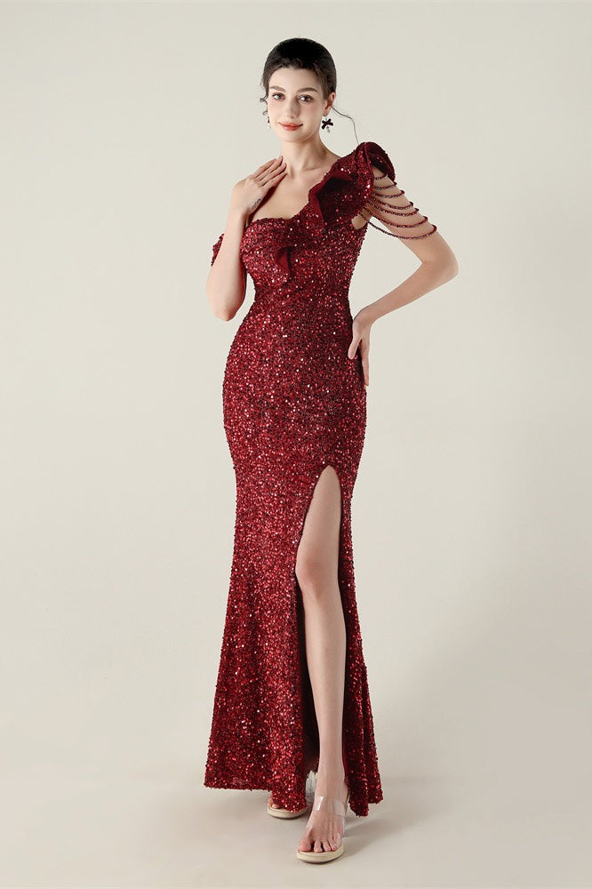 Draped One Shoulder Ruffle Formal Dress