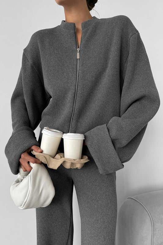 Ribbed Knit Zip Jacket Wide Leg Pants Set