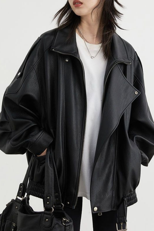 Oversized Moto Leather Jacket Black / S