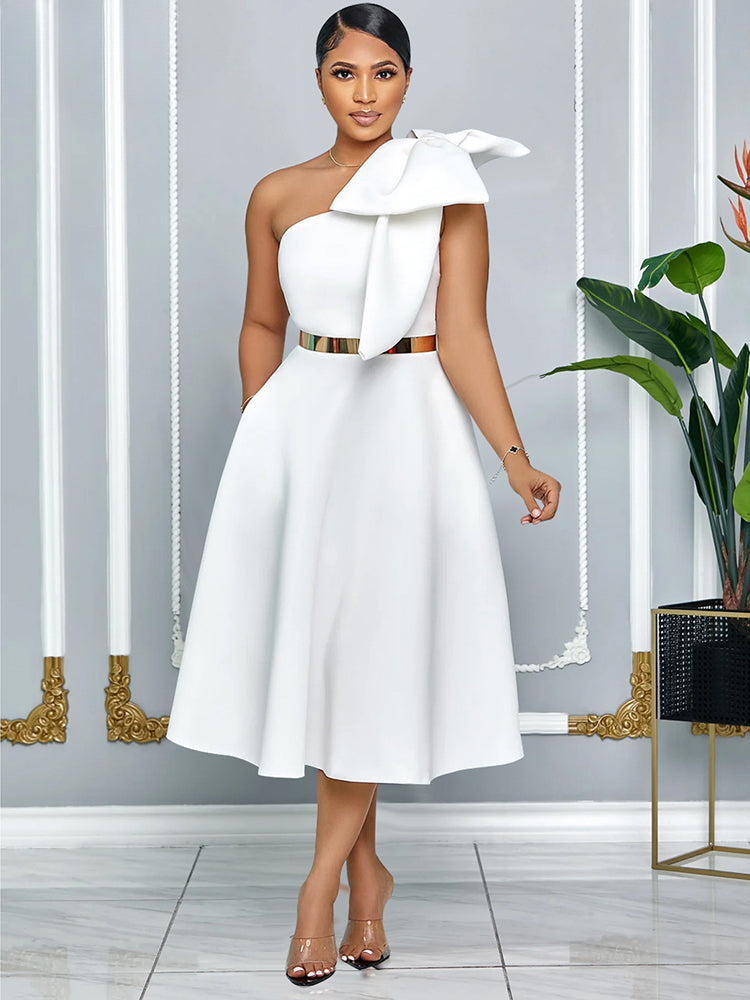 Elegant A Line Pleated One Shoulder Bow Red Christmas Party Dress White / S Dresses-L