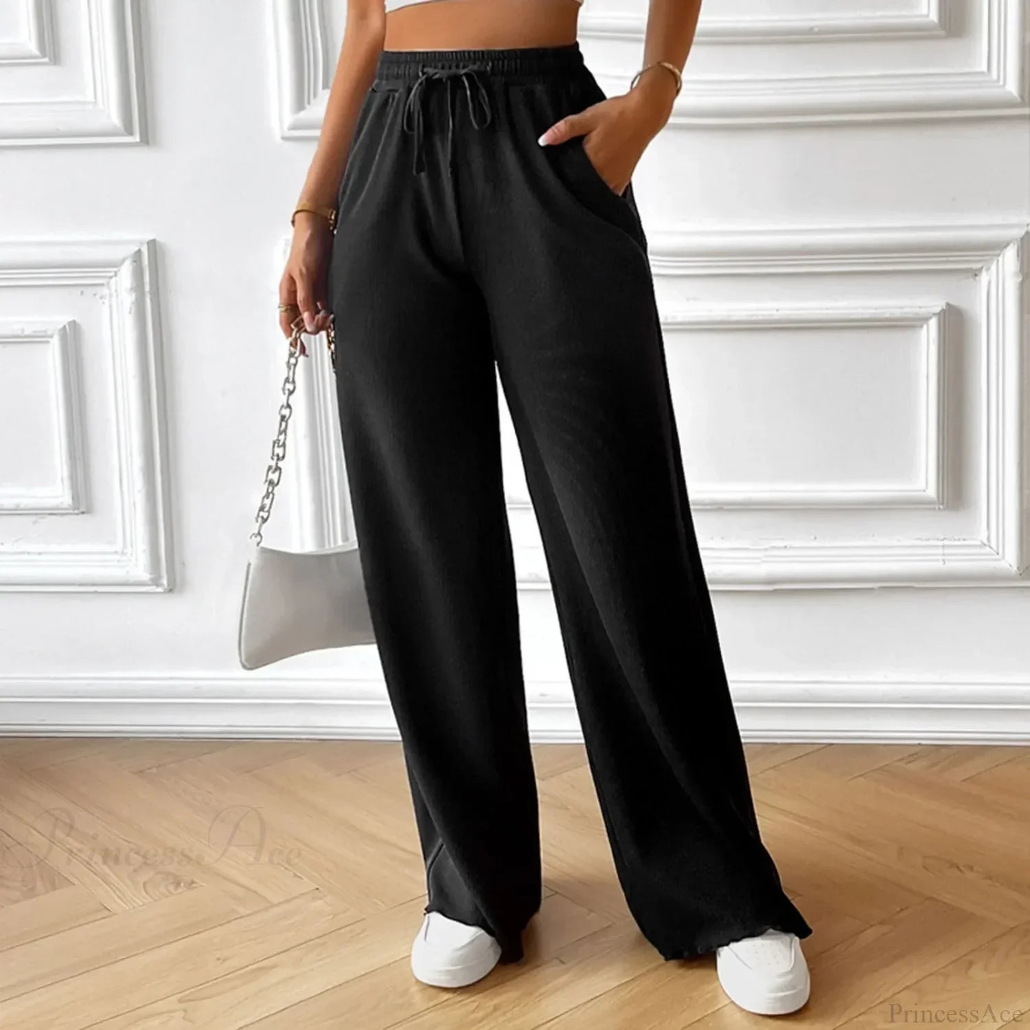 Elastic High Waist Linen Wide Leg Pants Black / S