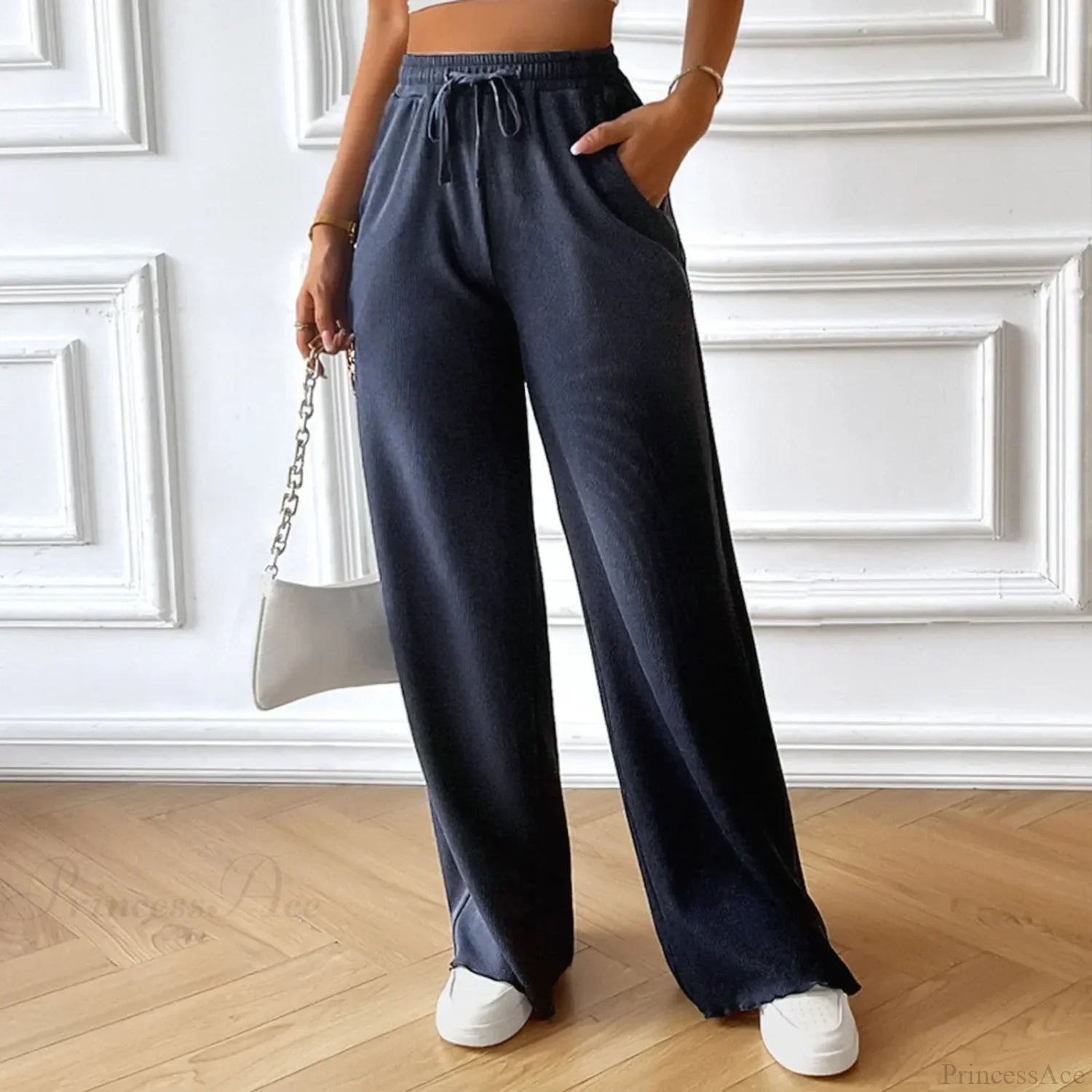 Elastic High Waist Linen Wide Leg Pants Blue / S