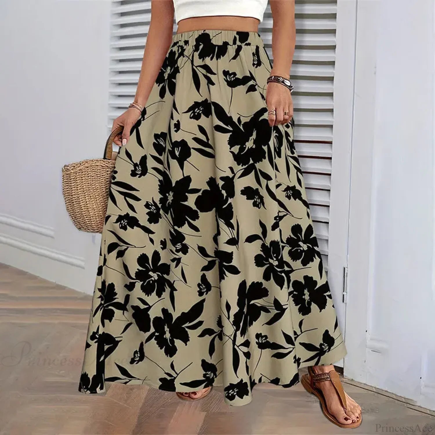 Elastic Waist Flowers Printed Women’s A-line Skirt Summer Elegant skirt-250126