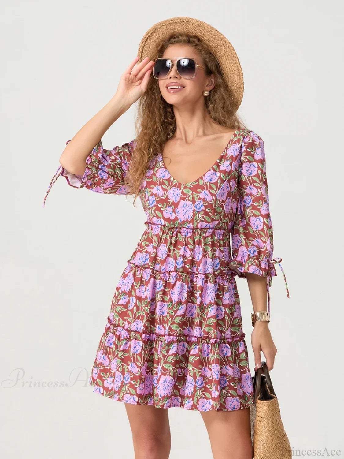 Elbow Puff Sleeve V-Neck Tiered Floral Dress floraldress-250126