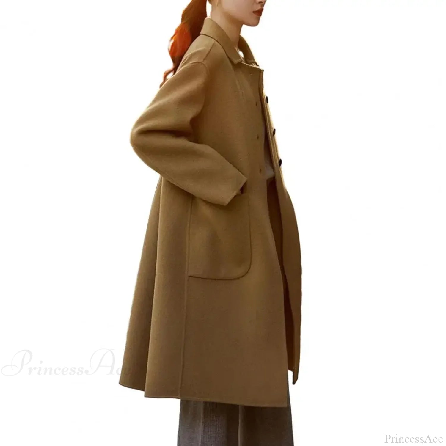 Elegant Black O-neck Puff Sleeve Overcoat camel / M