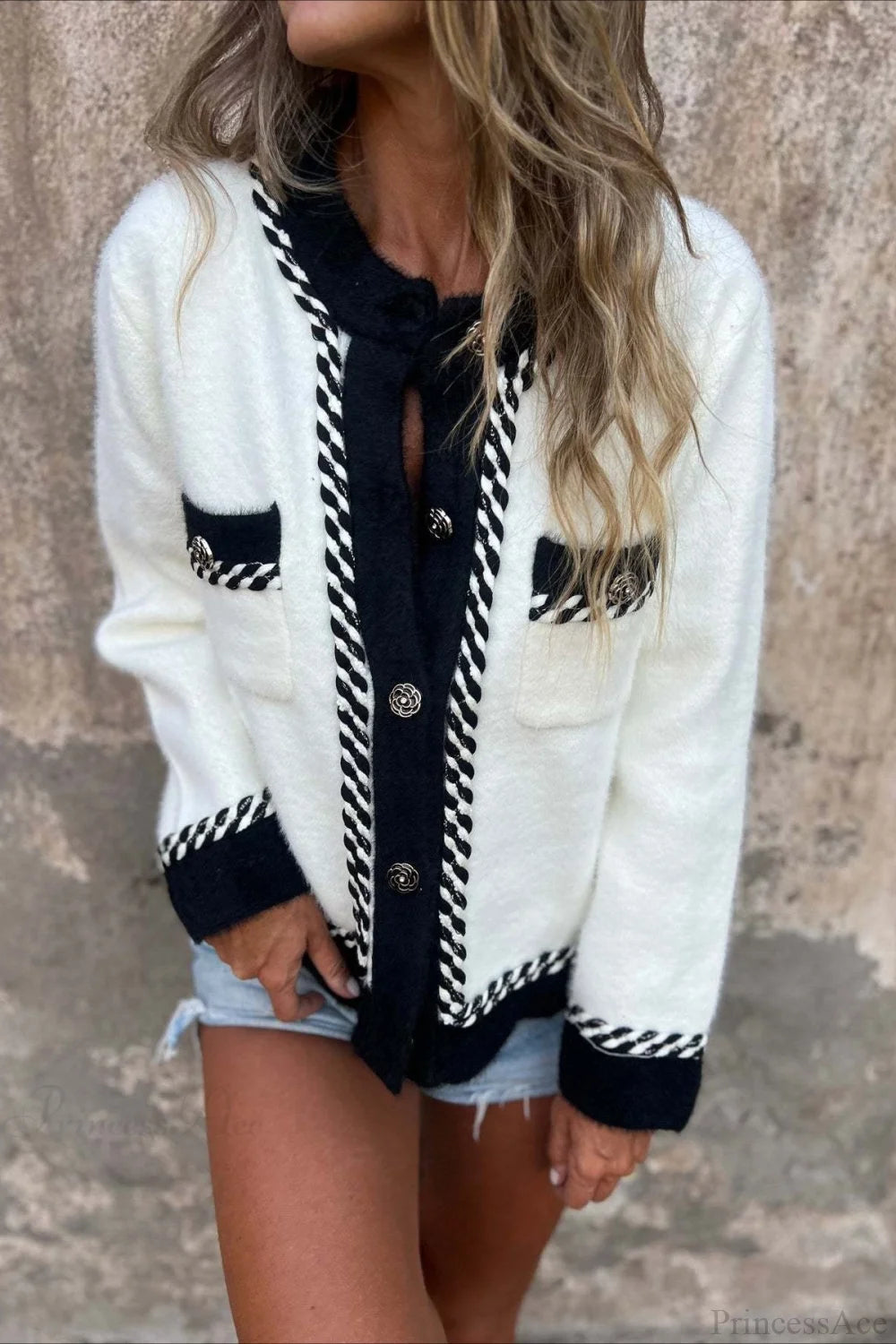 Elegant Chic Color Block Button Pocket Wool Coat White / S