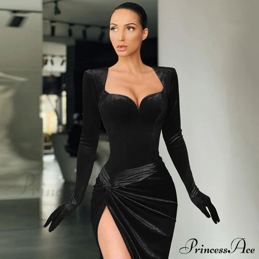 Elegant Evening Gloves Sleeve Velvet Slit Maxi Dress Black / S