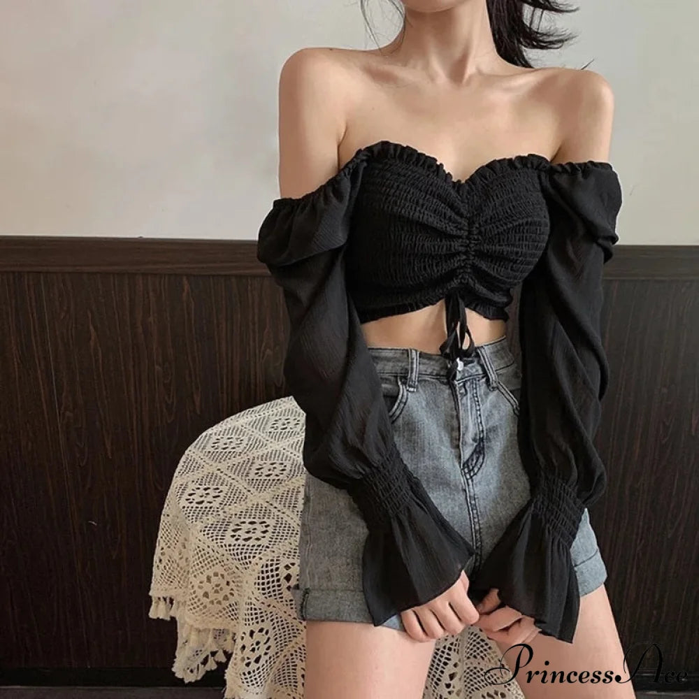 Elegant Fashion Puff Arm Chiffon Crop Women’s - Blouse Top Black / One Size