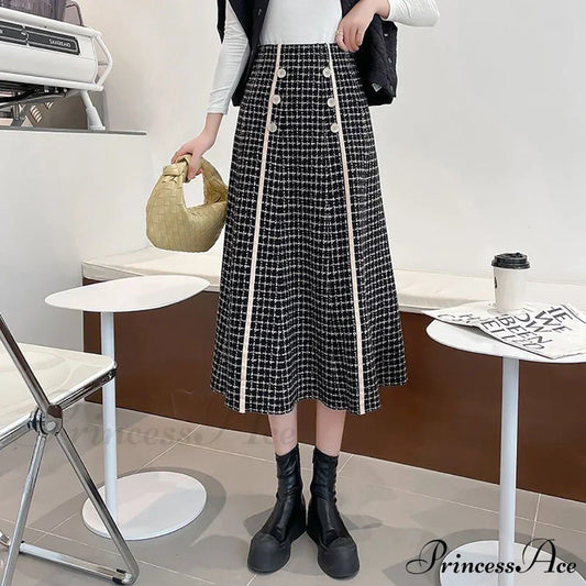 Elegant Fashionable Plaid High-Waisted New Trendy Autumn Winter A-Line Swing Skirt Black / S