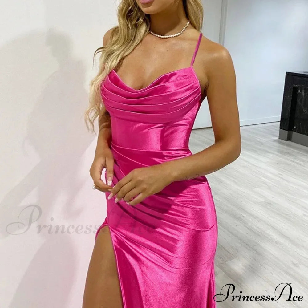 Elegant Fashionable Sexy Summer Solid Slit Pleated Maxi Bodycon Dress Rose Red / S