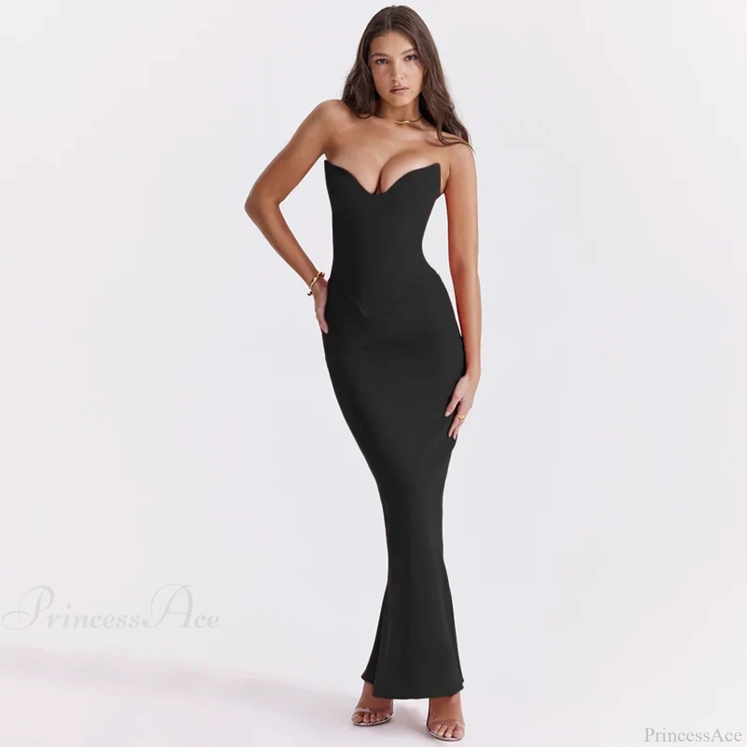 Elegant Fishbone Slim Sheath Fishtail Maxi Dress Black / S