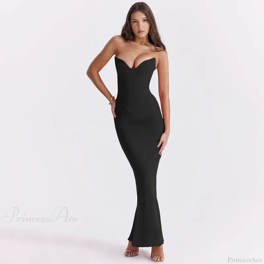 Elegant Fishbone Slim Sheath Fishtail Maxi Dress Black / S