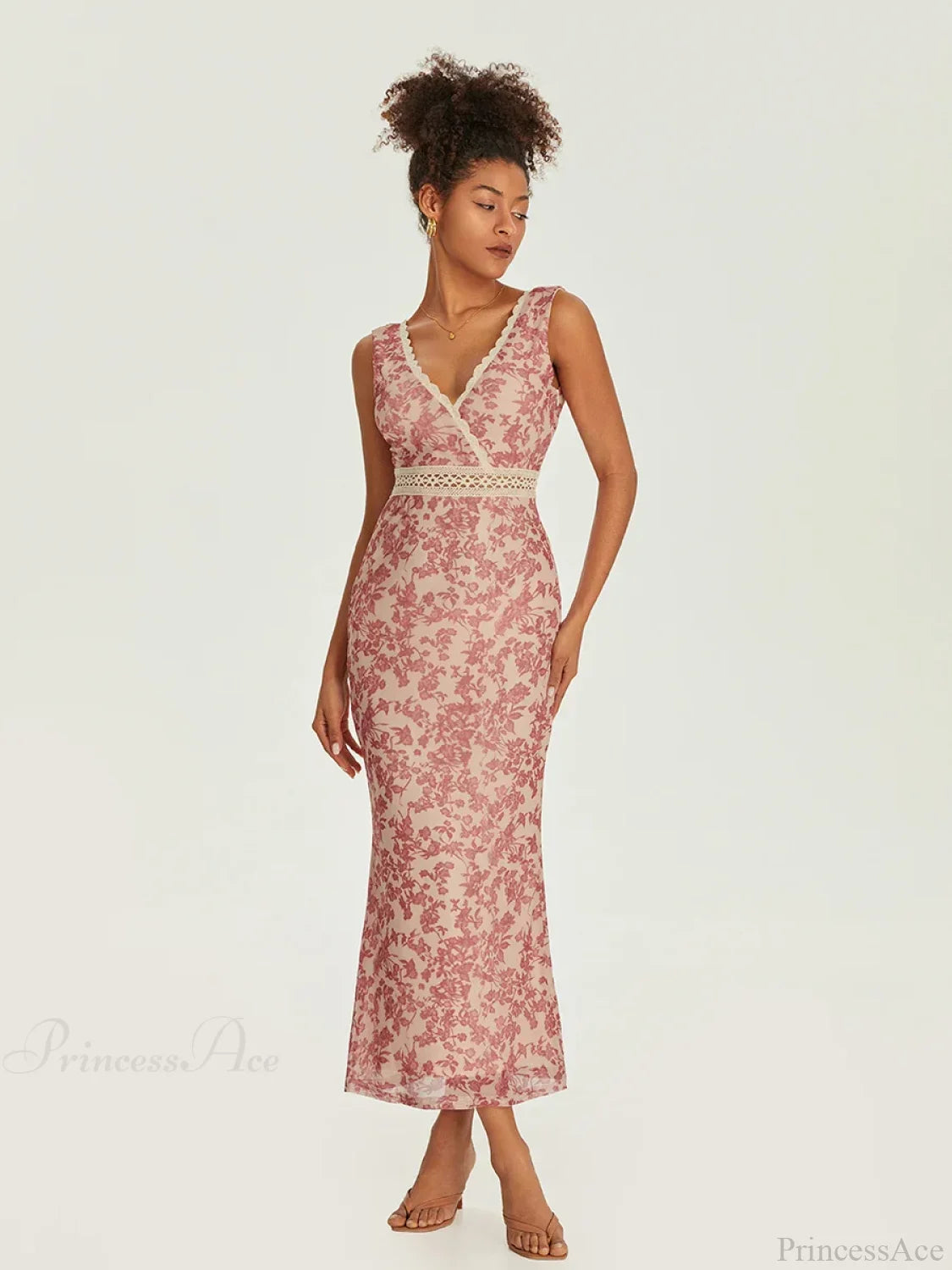 Elegant Floral Fishtail Lace Trim Wrap V-neck Bodycon Floral Dress floraldress-250126