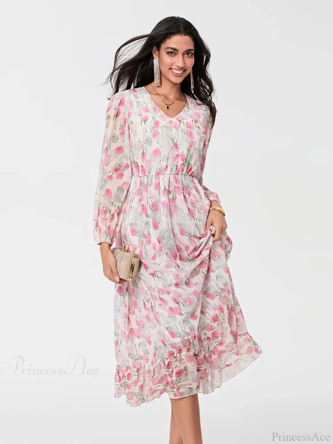 Elegant Floral Flowing Long Sleeve A-Line Floral Dress floraldress-250126