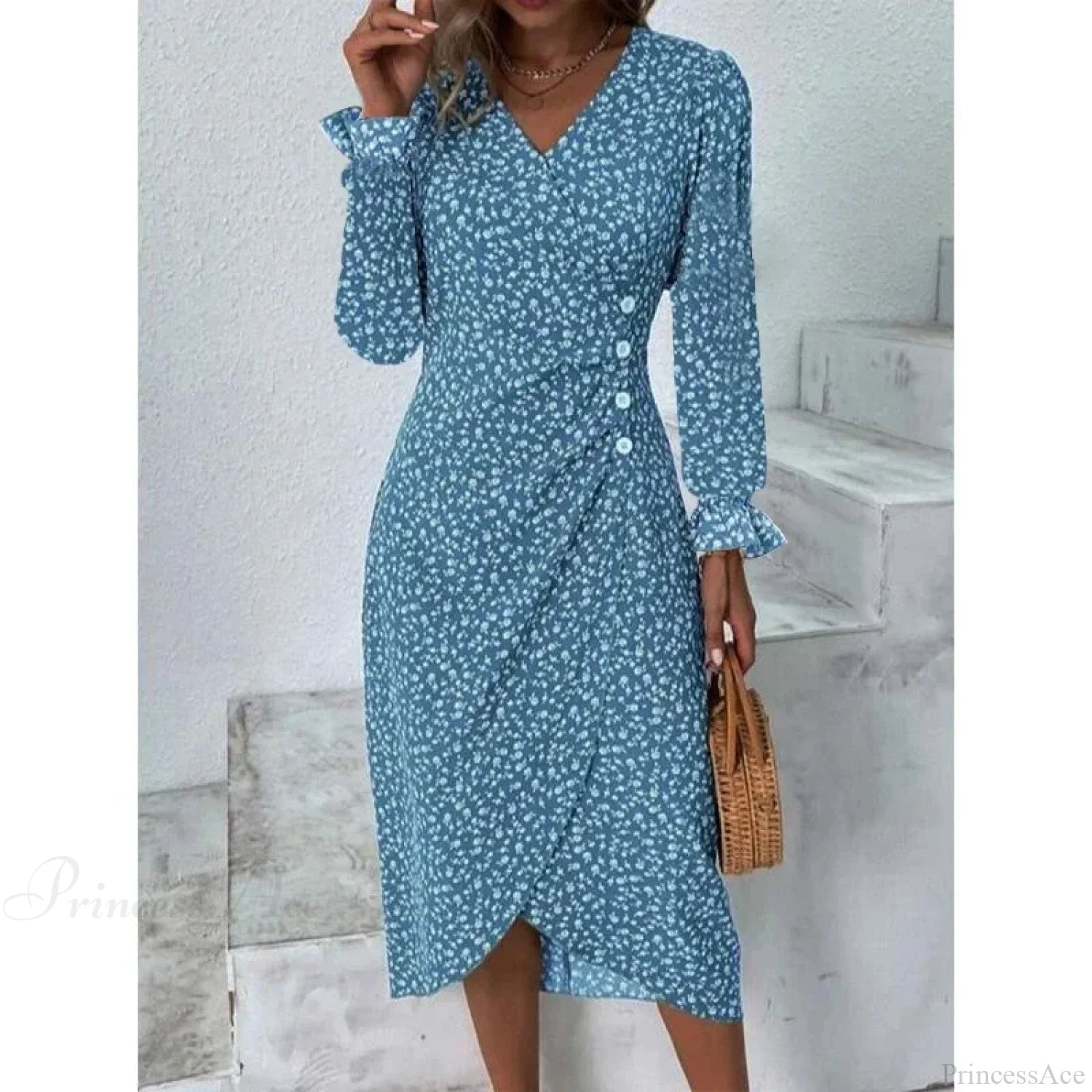 Elegant Floral Midi Puff Sleeve Ruched Waist Floral Dress blue B / S oldfloraldress-250126
