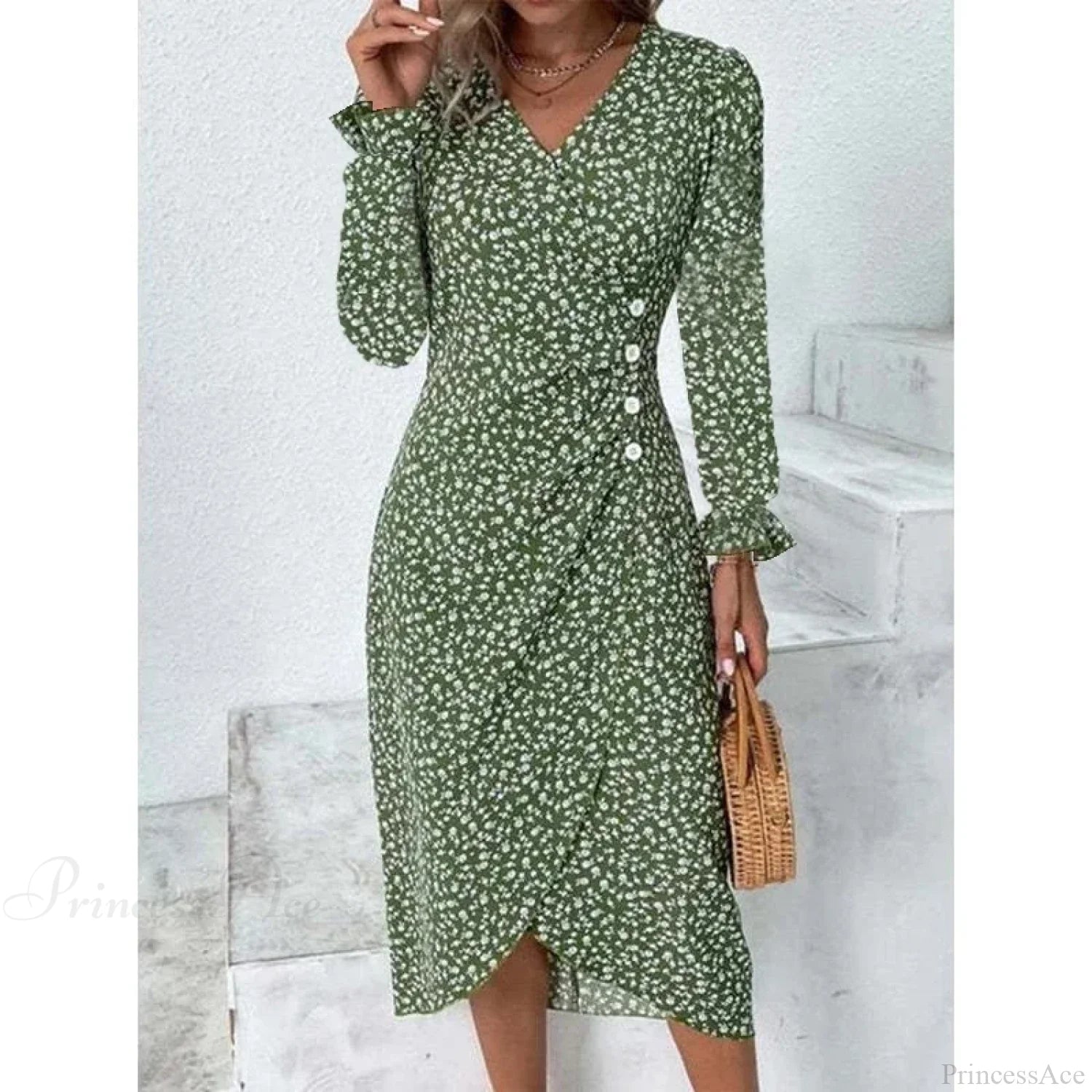 Elegant Floral Midi Puff Sleeve Ruched Waist Floral Dress green B / S oldfloraldress-250126