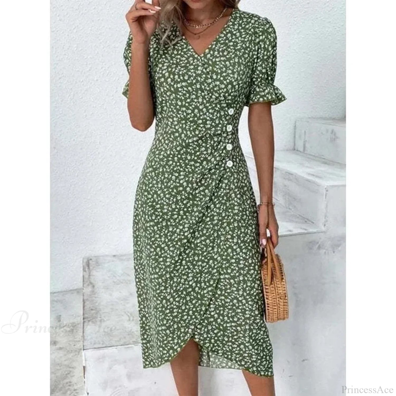 Elegant Floral Midi Puff Sleeve Ruched Waist Floral Dress oldfloraldress-250126