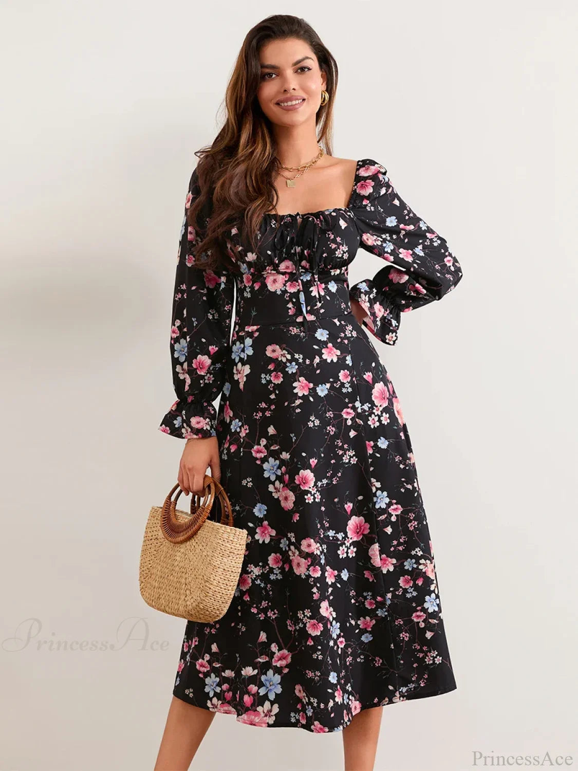 Elegant Floral Midi Puff Sleeve Square Neck Floral Dress floraldress-250126