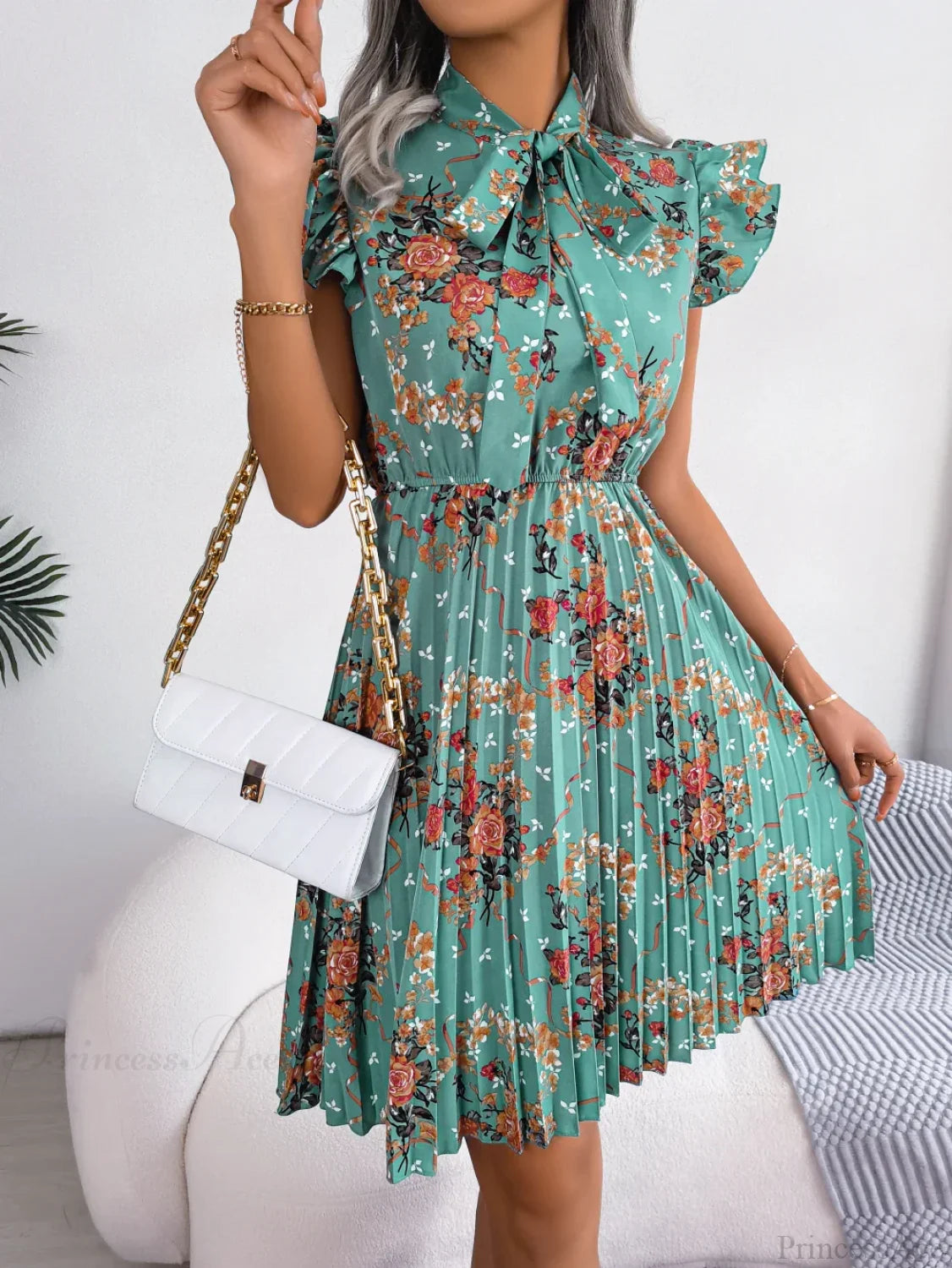 Elegant Floral Print Bow Pleated Slim Waist Floral Dress Green / S oldfloraldress-250126