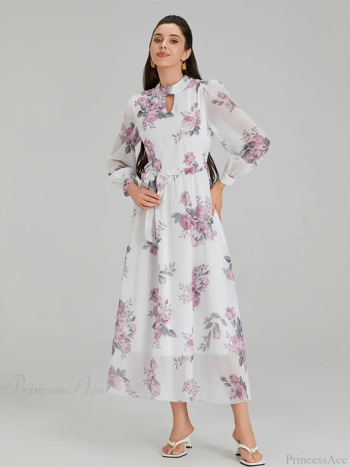 Elegant Floral Print Chiffon Long Lantern Sleeve Tie Waist Floral Dress floraldress-250126