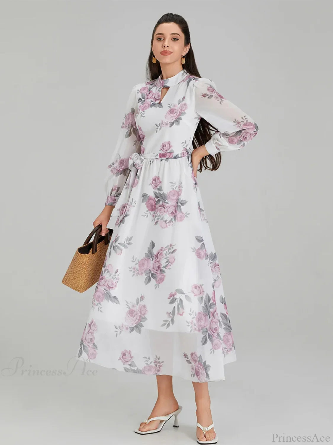 Elegant Floral Print Chiffon Long Lantern Sleeve Tie Waist Floral Dress WHITE / S floraldress-250126