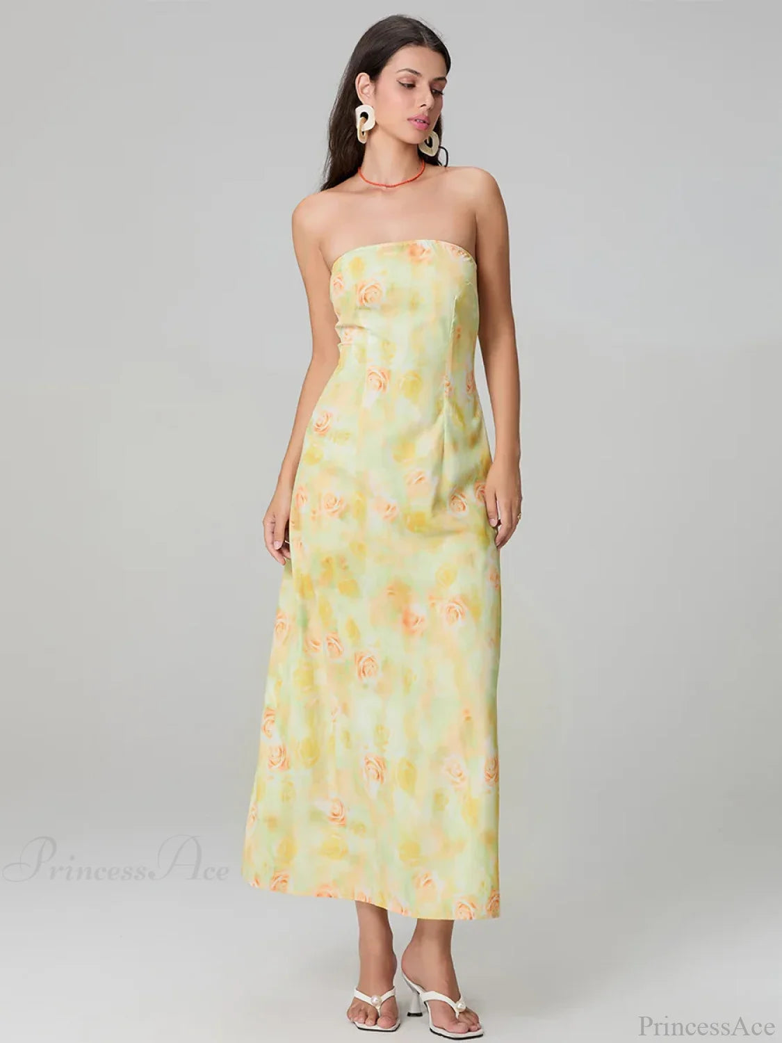 Elegant Floral Print Tube Backless Off-Shoulder Evening Gown Party Dress floraldress-250126