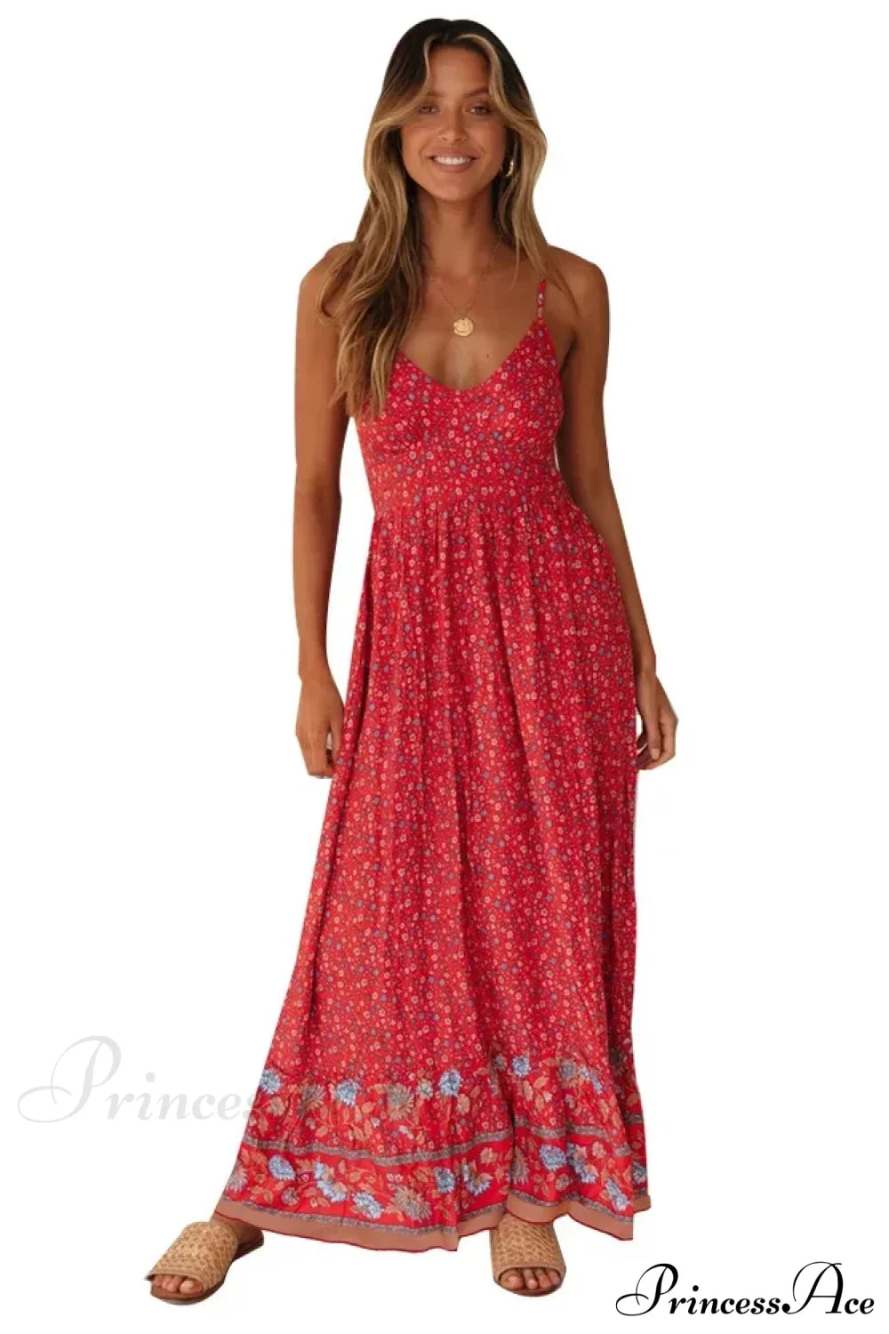 Elegant Floral V-Neck Sleeveless Boho Dress Red / S