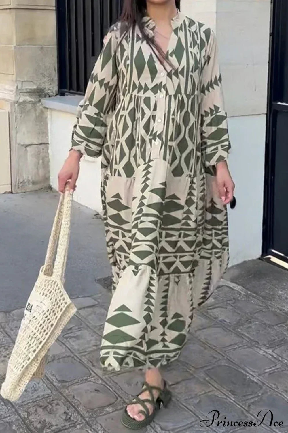 Elegant Geometric V-Neck Autumn Boho Dress