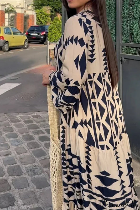 Elegant Geometric V-Neck Autumn Boho Dress