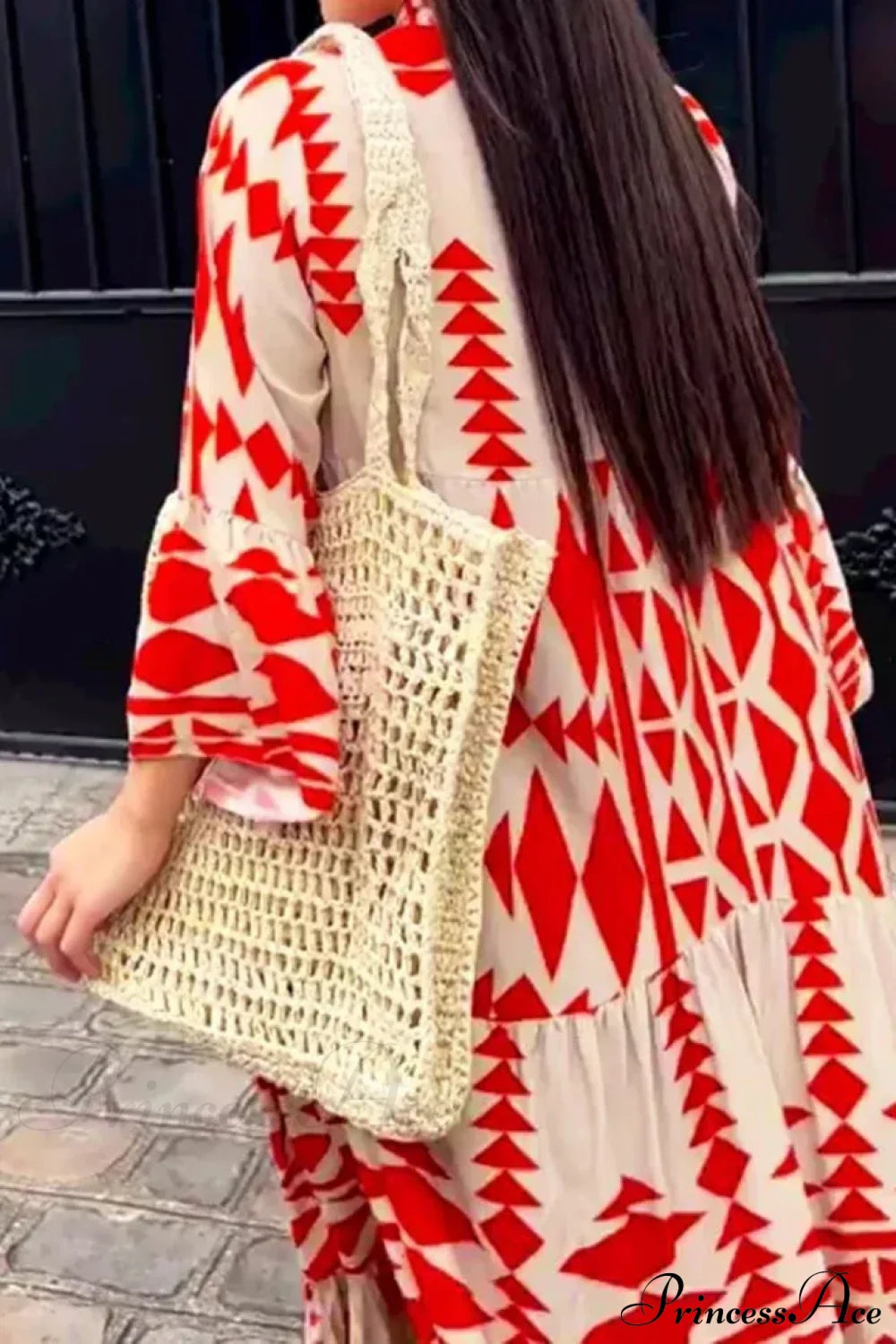 Elegant Geometric V-Neck Autumn Boho Dress
