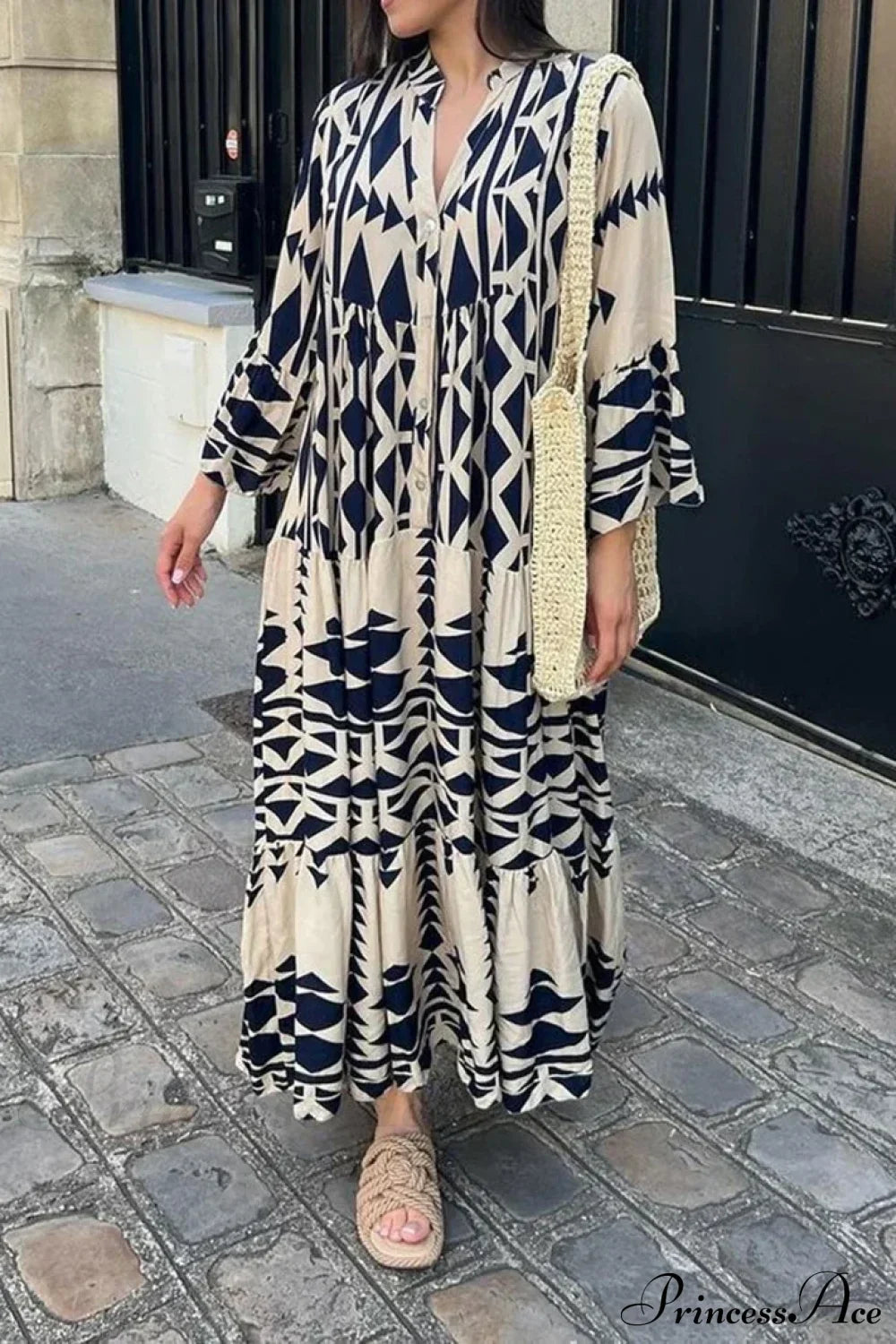 Elegant Geometric V-Neck Autumn Boho Dress Blue / S