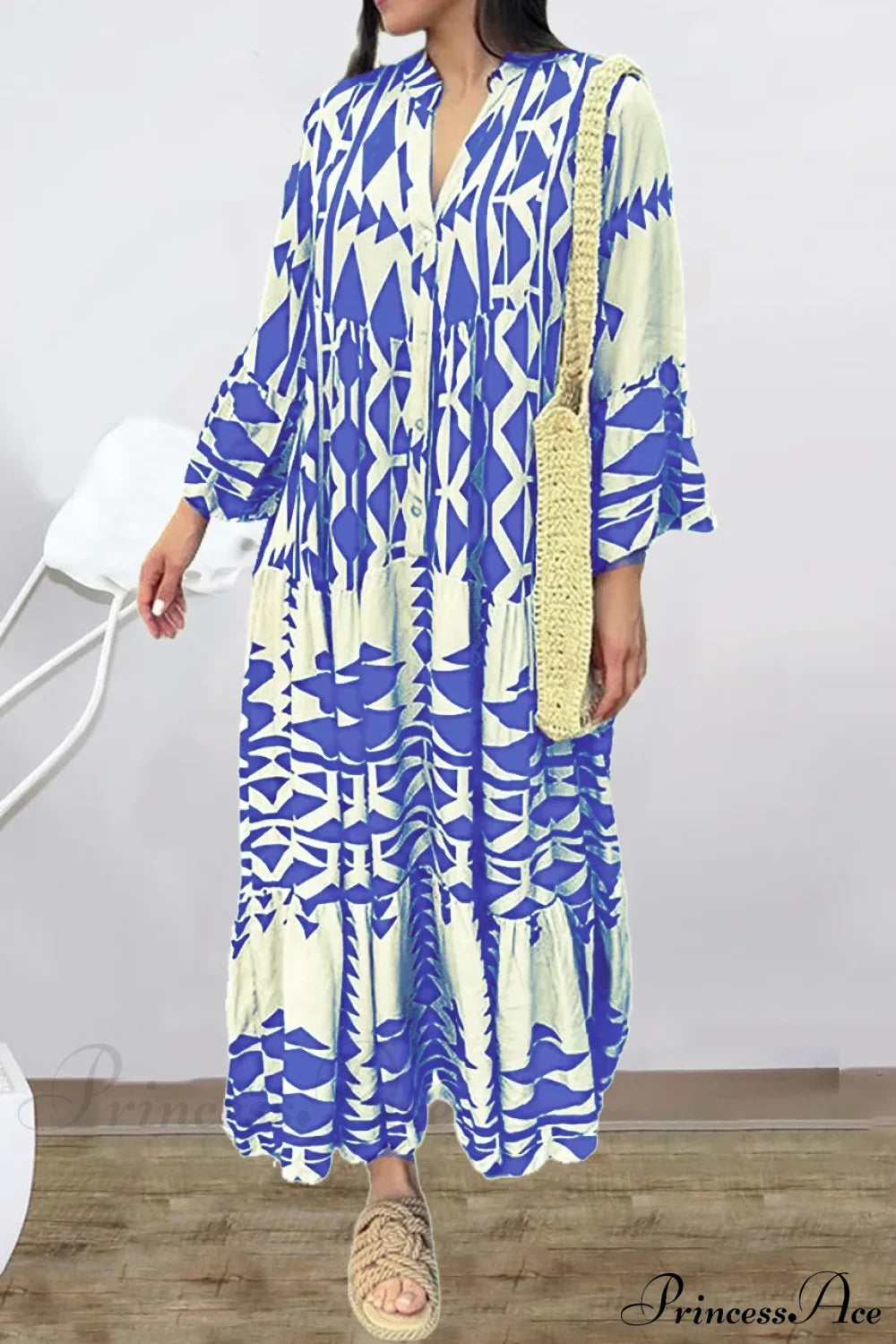 Elegant Geometric V-Neck Autumn Boho Dress Light Blue / S