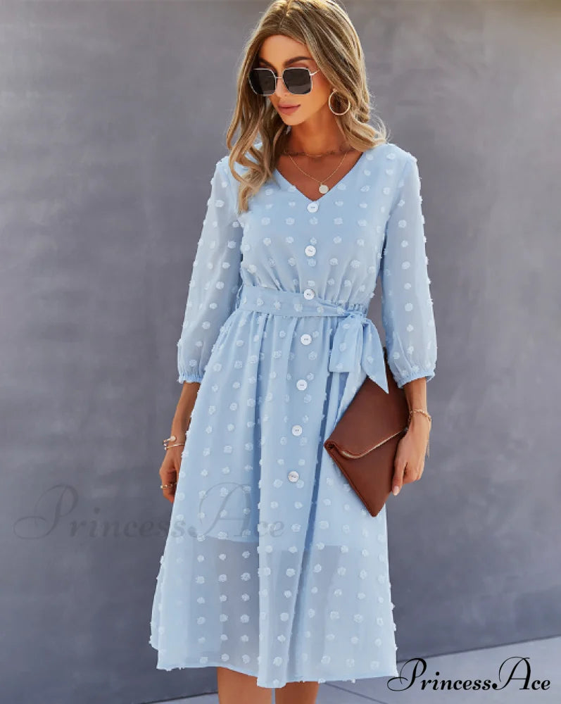 Elegant Half Sleeve Women’s Casual V-Neck Midi Dress With Buttons L / Pink Dresses