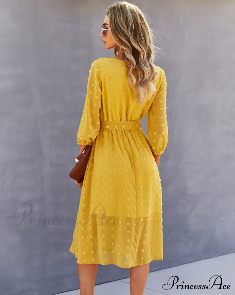 Elegant Half Sleeve Women’s Casual V-Neck Midi Dress With Buttons M / Blue Dresses