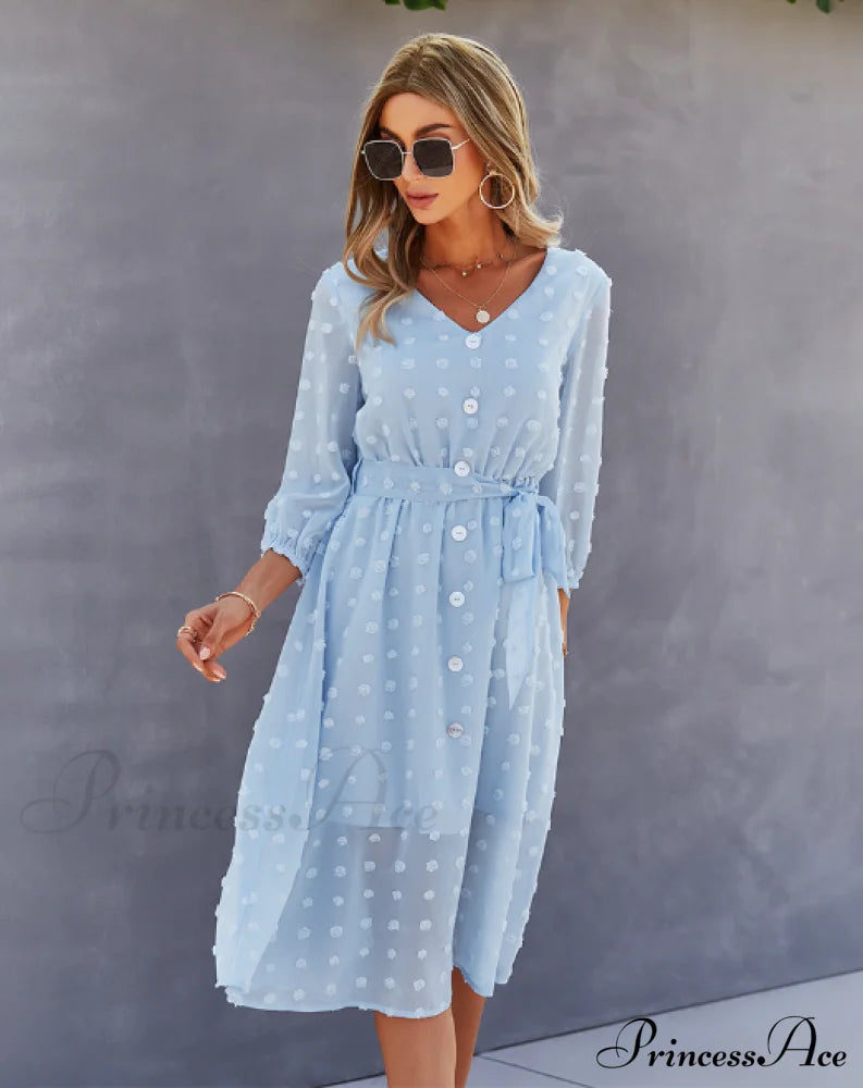 Elegant Half Sleeve Women’s Casual V-Neck Midi Dress With Buttons M / Coffee Dresses