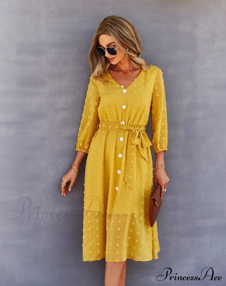 Elegant Half Sleeve Women’s Casual V-Neck Midi Dress With Buttons M / Pink Dresses