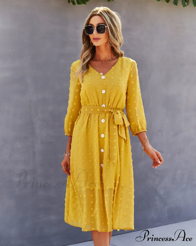 Elegant Half Sleeve Women’s Casual V-Neck Midi Dress With Buttons M / Yellow Dresses