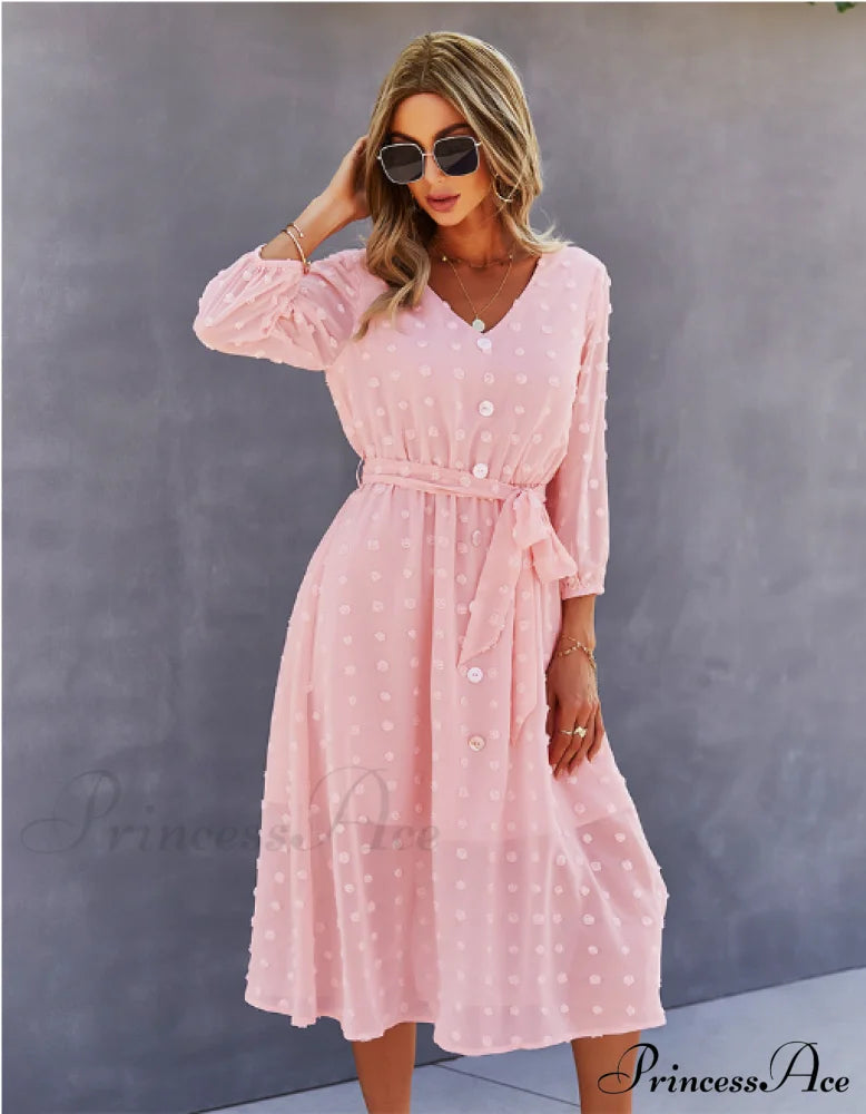 Elegant Half Sleeve Women’s Casual V-Neck Midi Dress With Buttons S / Pink Dresses