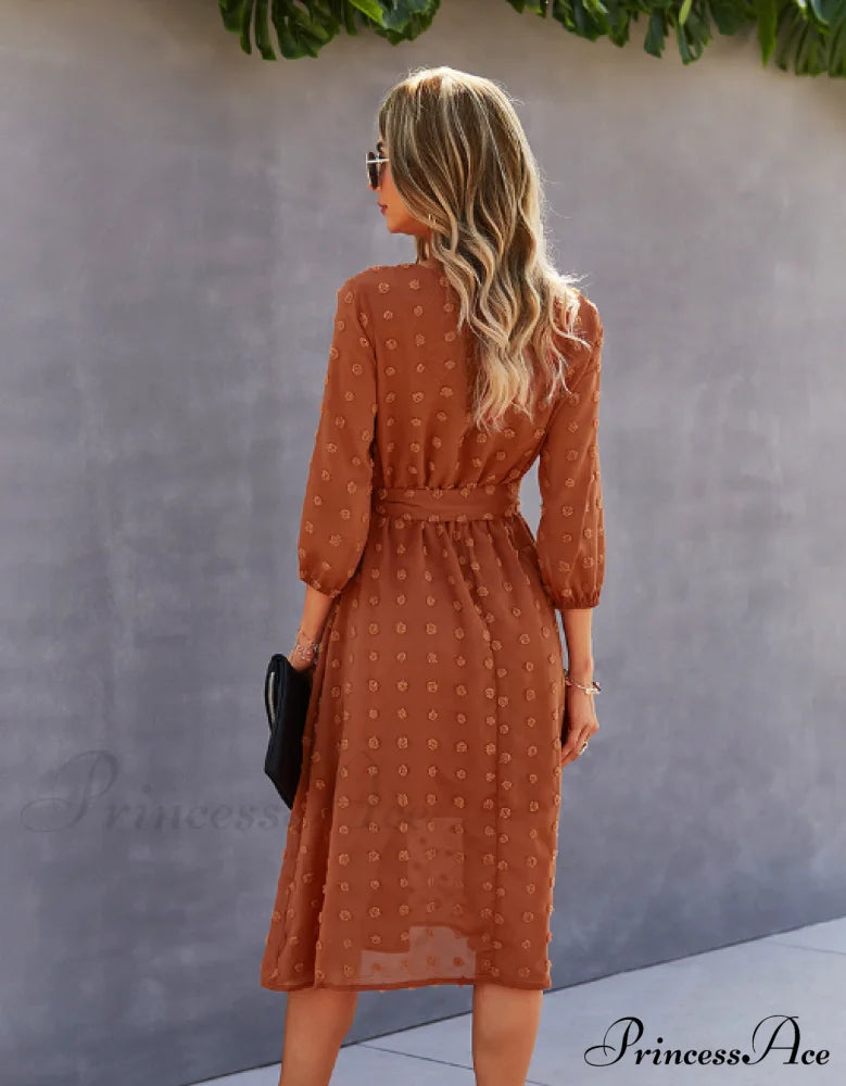Elegant Half Sleeve Women’s Casual V-Neck Midi Dress With Buttons Xl / Yellow Dresses