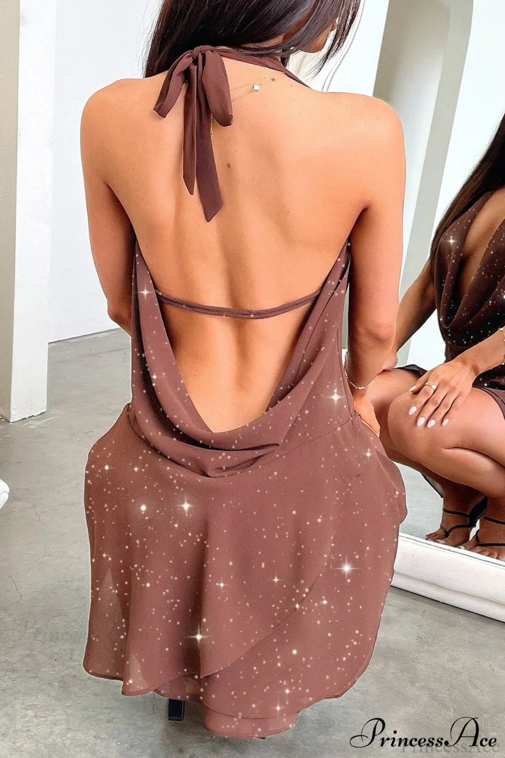 Elegant Halter Sequin Solid Color Short Party Dress